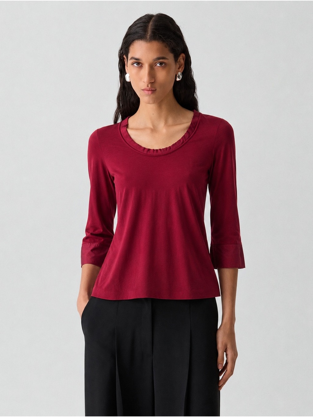 Theory Laurel Pima Cotton Modal Silk Trim Top Burgundy 3/4 Sleeve Size P NWT
